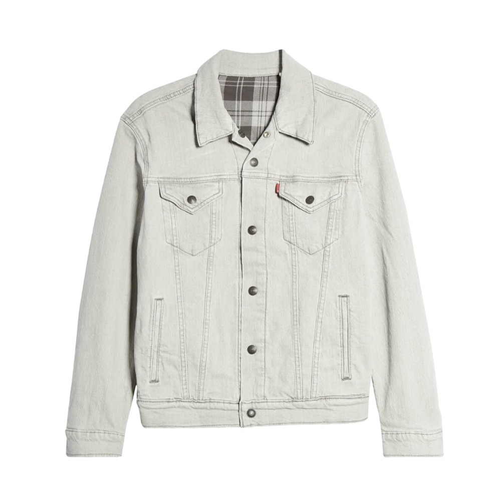 Levi's Reversible Plaid Flannel Lined Denim Trucker Jacket Grey L. NWT